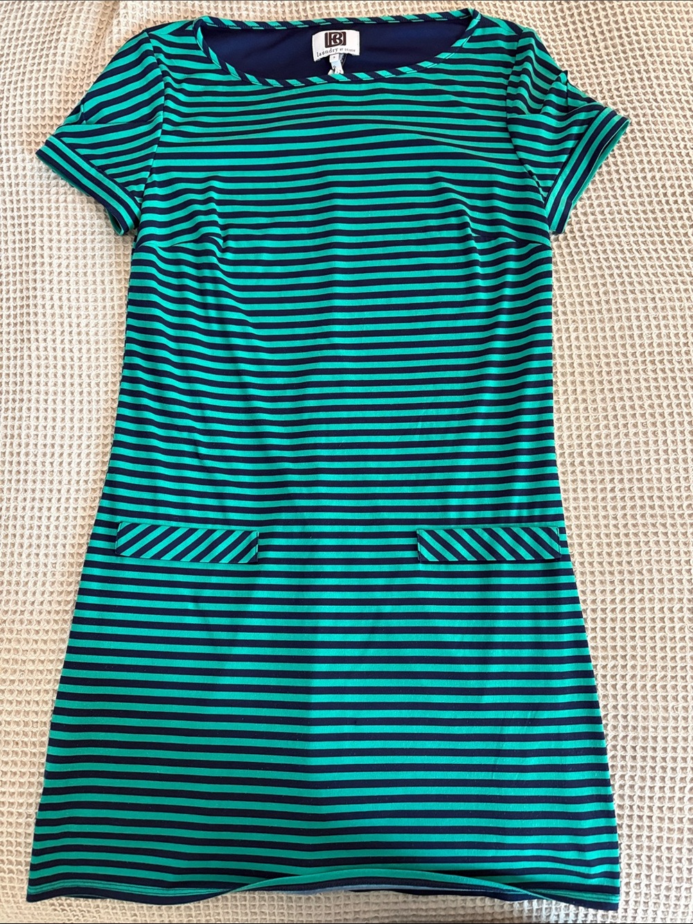 Laundry By Shelli Segal Navy and Green Striped Short Sleeve Dress